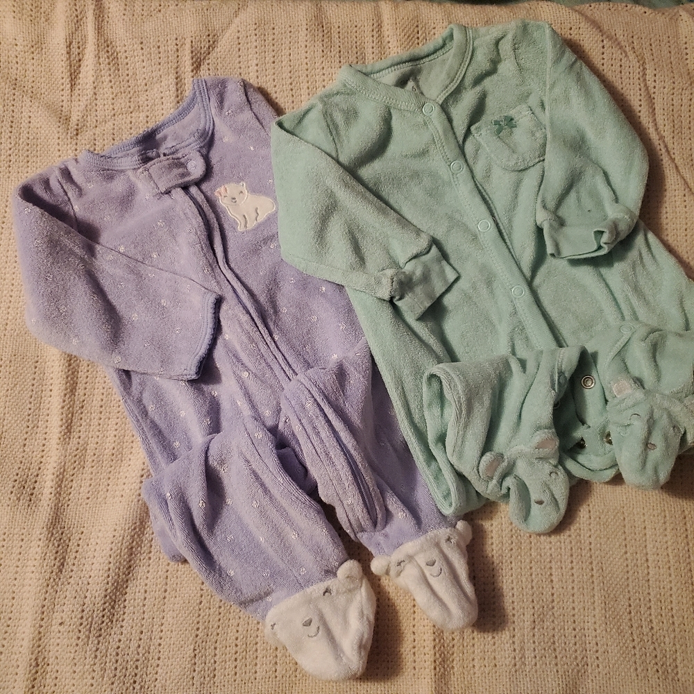 2 terry cloth zip up footed 6m baby girl sleepers
